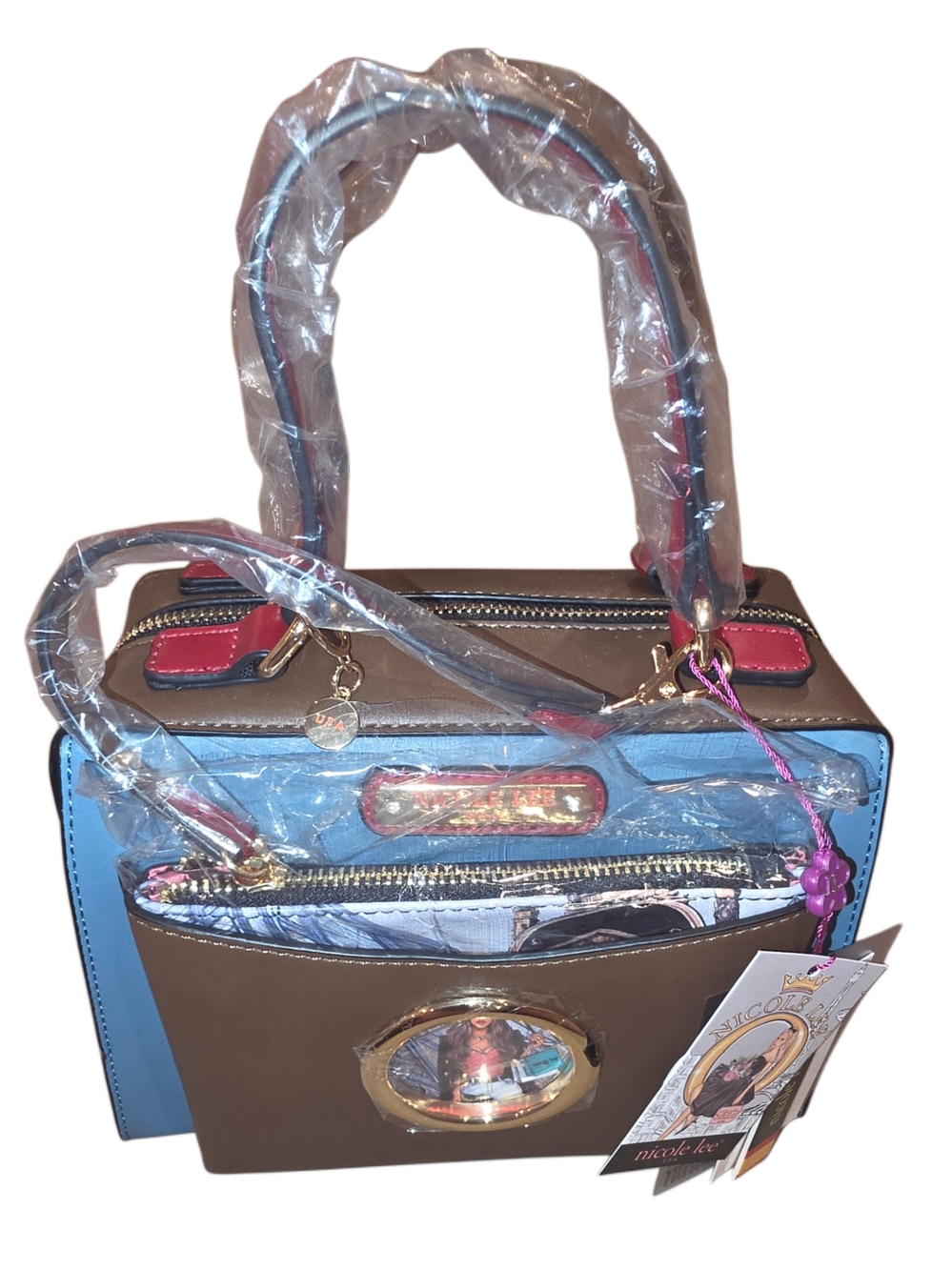 Brand New - Nicole Lee Brown & Blue Structured Satchel Bag with Matching Wallet